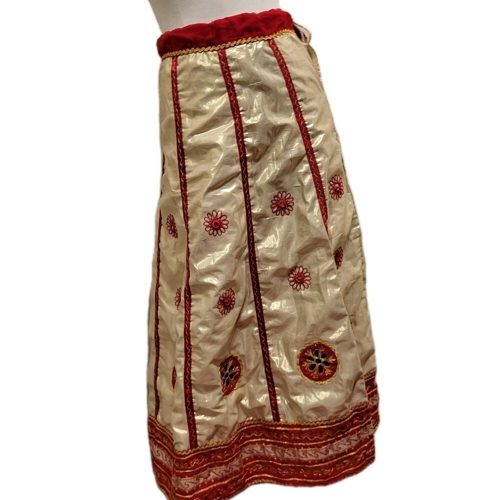 Handmade Vintage Indian Metallic Embellished Sari Skirt Drawstring Waist Size S